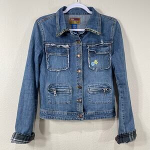 Vtg 90s Y2k Blue Asphalt Embroidered Floral Denim Jean Jacket Prairie Cottage S